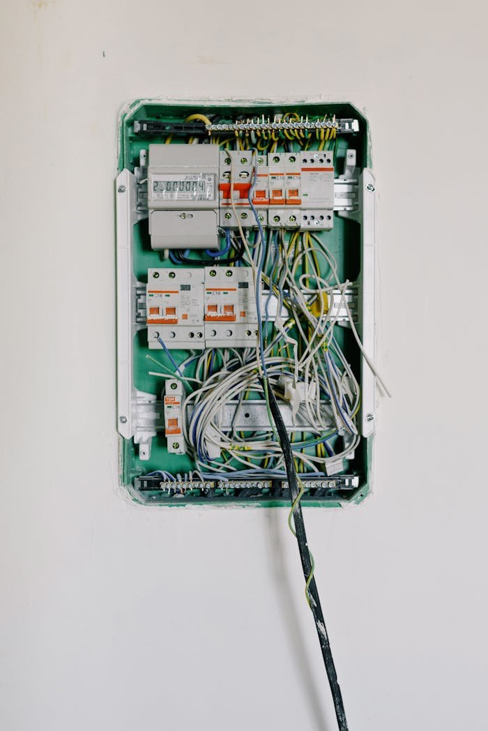 Detailed view of an open electrical circuit box with complex wiring and circuit breakers.
